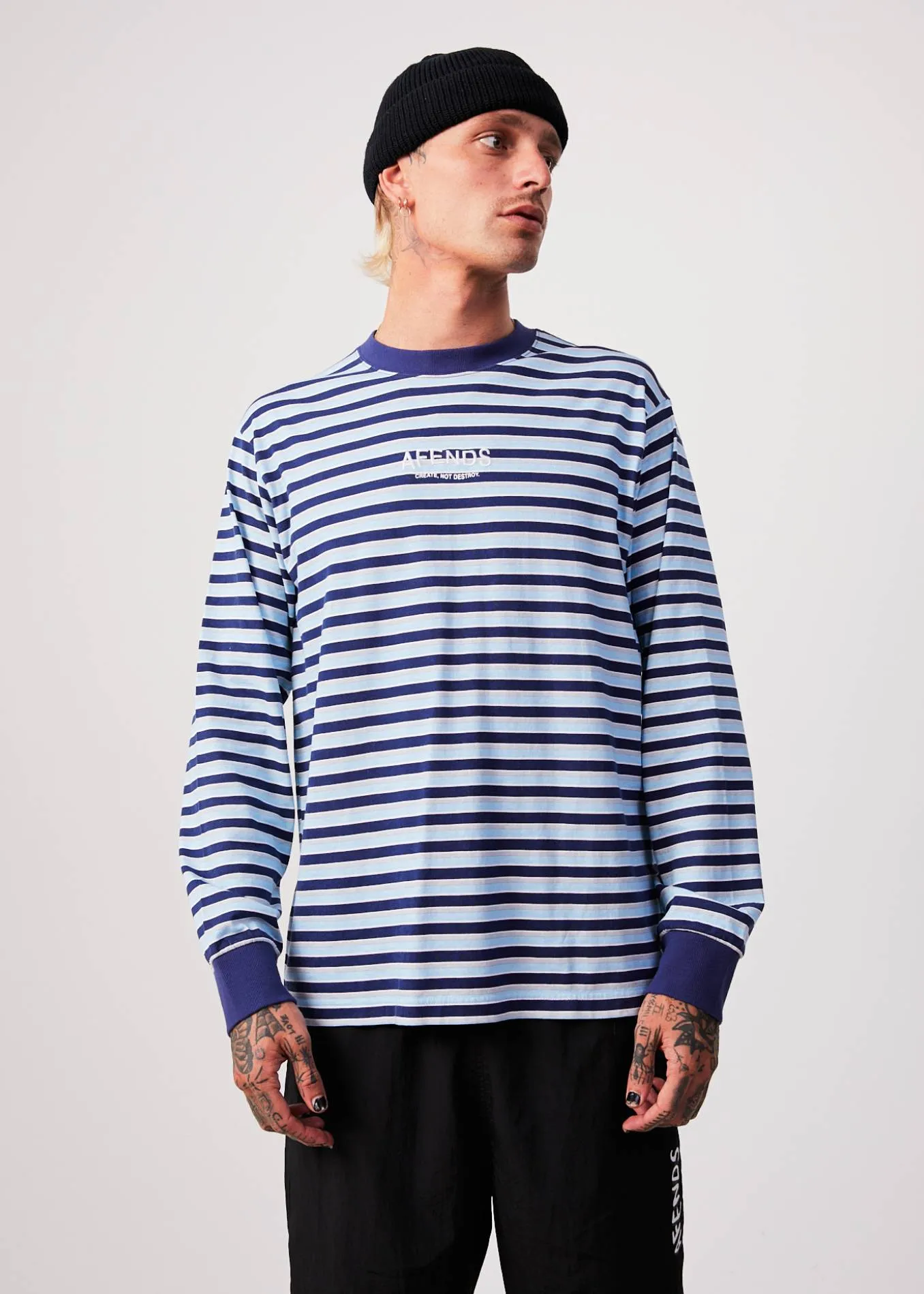 AFENDS Mens Views - Striped Long Sleeve T-Shirt - Seaport