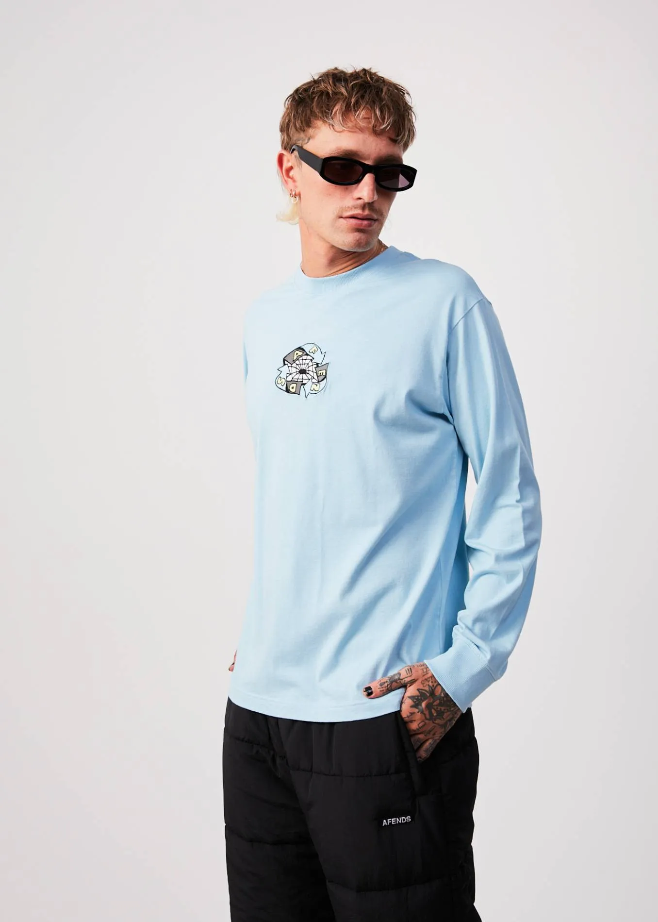 AFENDS Mens Warped - Long Sleeve Graphic T-Shirt - Sky Blue