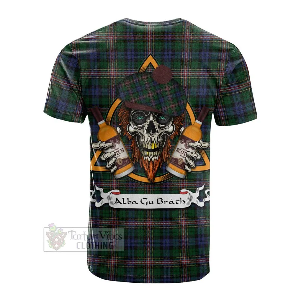 Allison Tartan Cotton T-shirt with Family Crest and Bearded Skull Holding Bottles of Whiskey