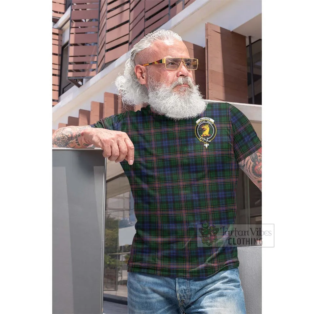 Allison Tartan Cotton T-shirt with Family Crest and Bearded Skull Holding Bottles of Whiskey