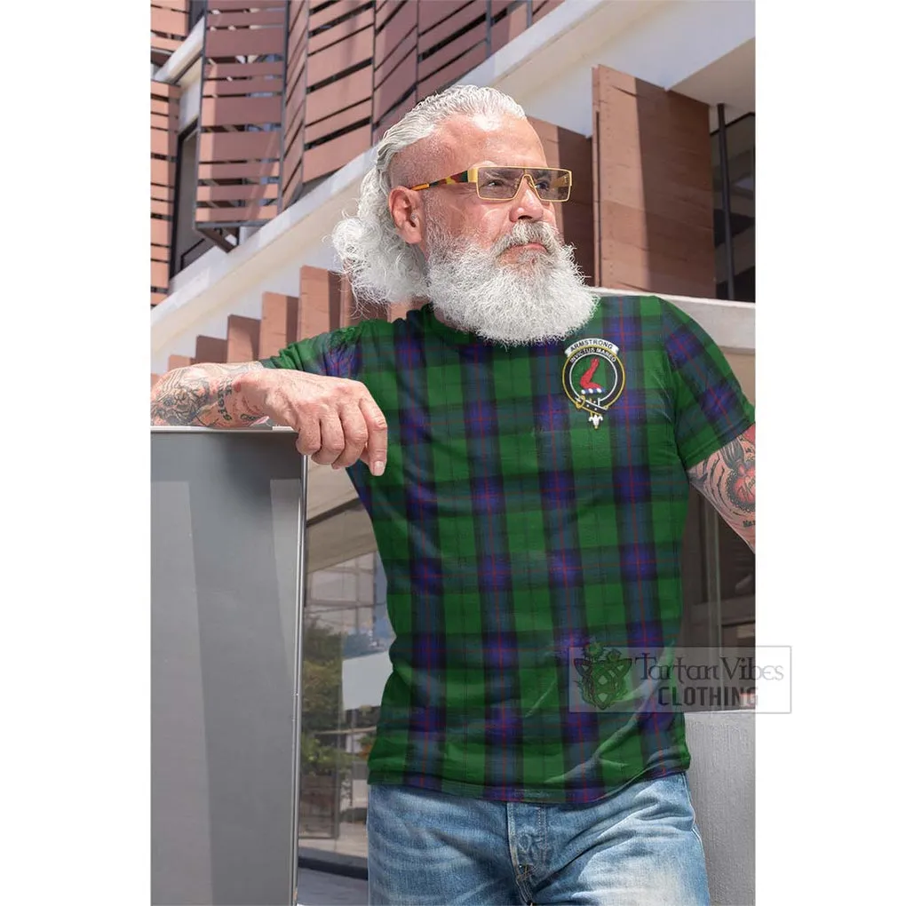 Armstrong Tartan Cotton T-shirt with Family Crest and Bearded Skull Holding Bottles of Whiskey