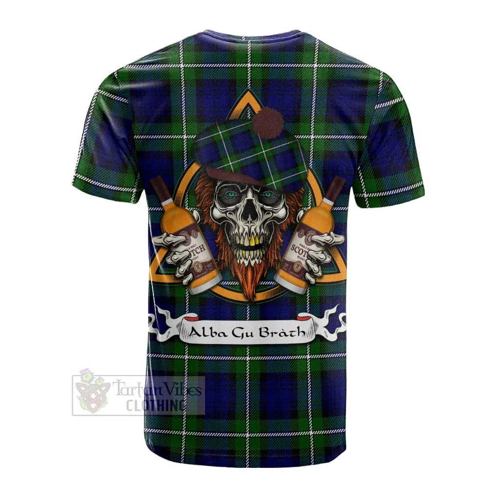 Bannerman Tartan Cotton T-shirt with Family Crest and Bearded Skull Holding Bottles of Whiskey