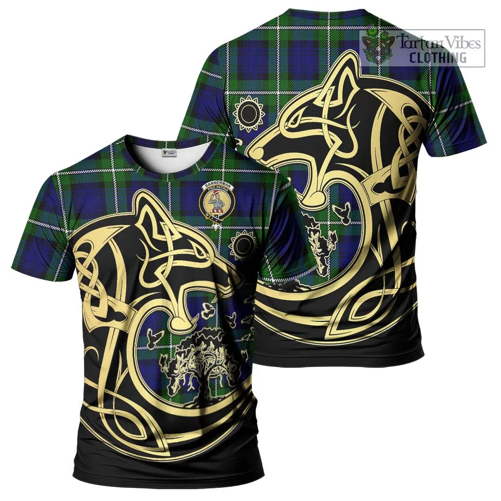 Bannerman Tartan T-Shirt with Family Crest Celtic Wolf Style