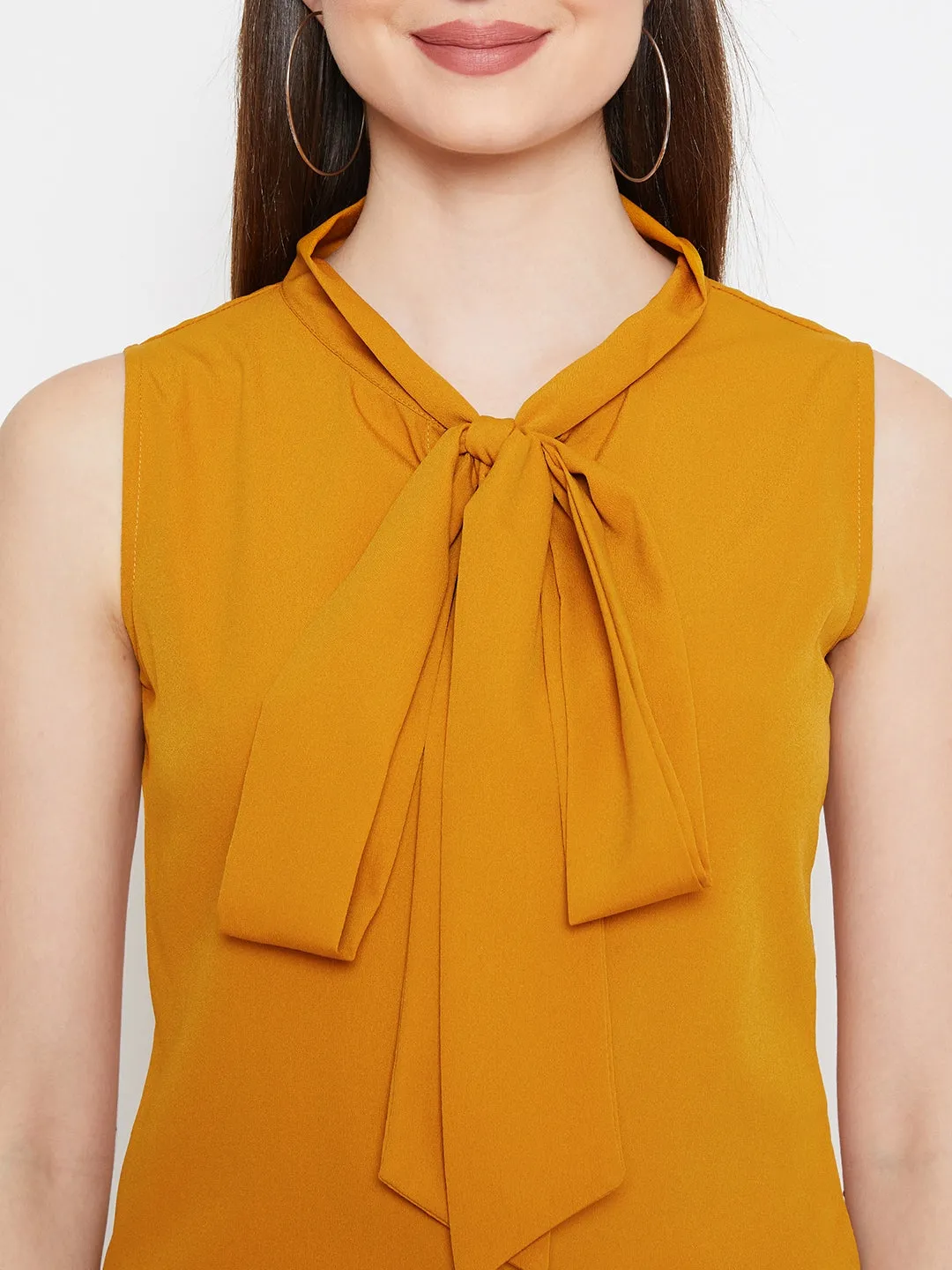 Berrylush Women Solid Mustard Yellow Sleeveless Front Tie-Knot Top