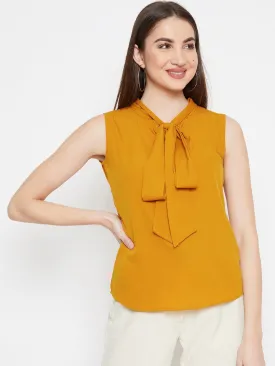 Berrylush Women Solid Mustard Yellow Sleeveless Front Tie-Knot Top