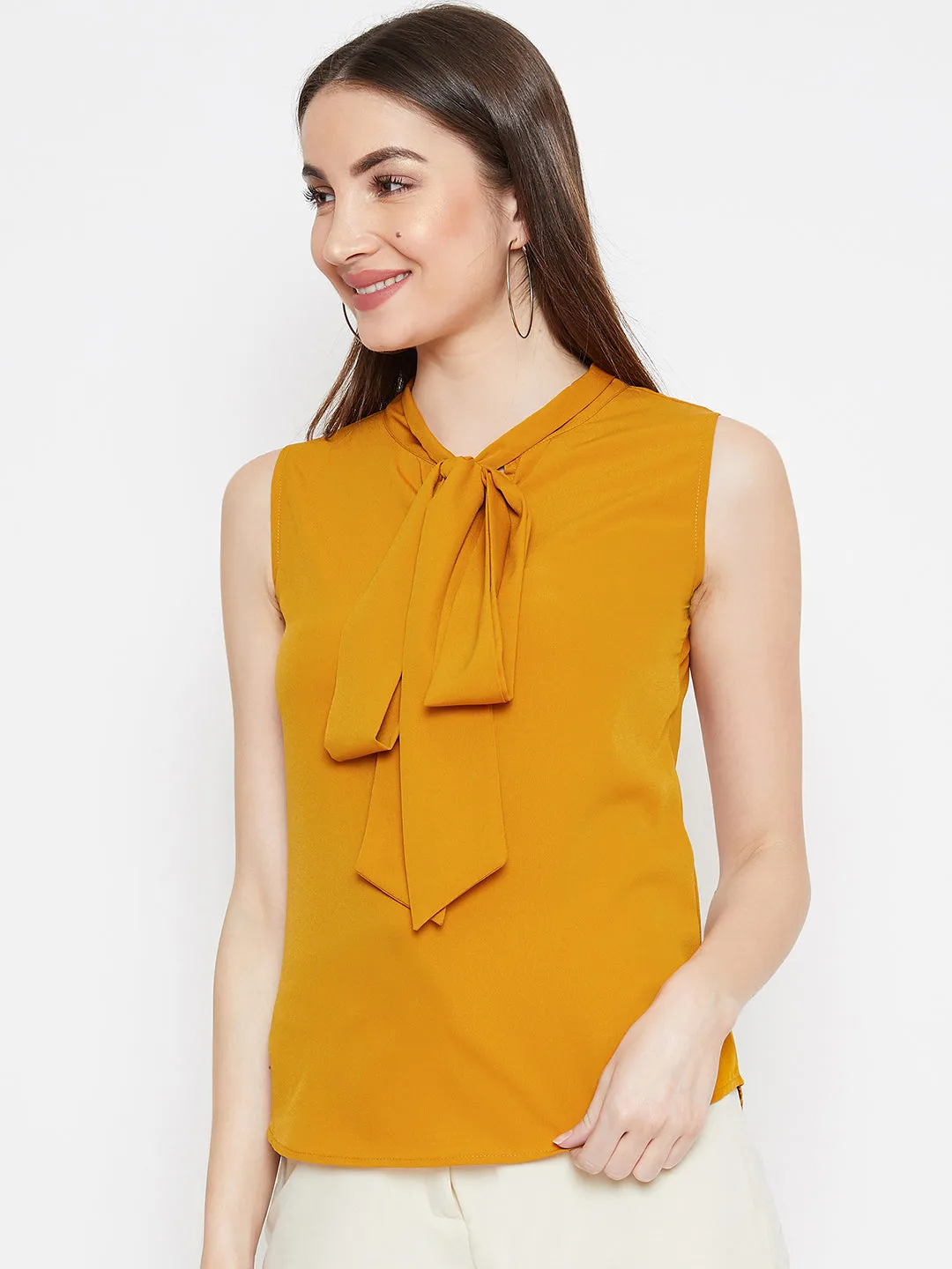 Berrylush Women Solid Mustard Yellow Sleeveless Front Tie-Knot Top