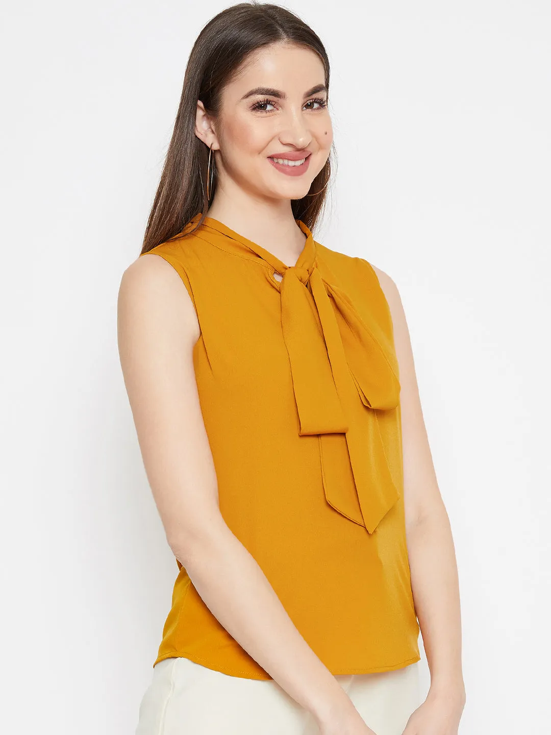 Berrylush Women Solid Mustard Yellow Sleeveless Front Tie-Knot Top