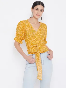 Berrylush Women Yellow & White Floral Printed Tie Knot Top