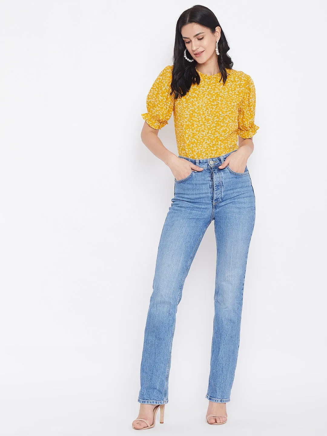 Berrylush Women Yellow Floral Printed Puff Sleeves Top