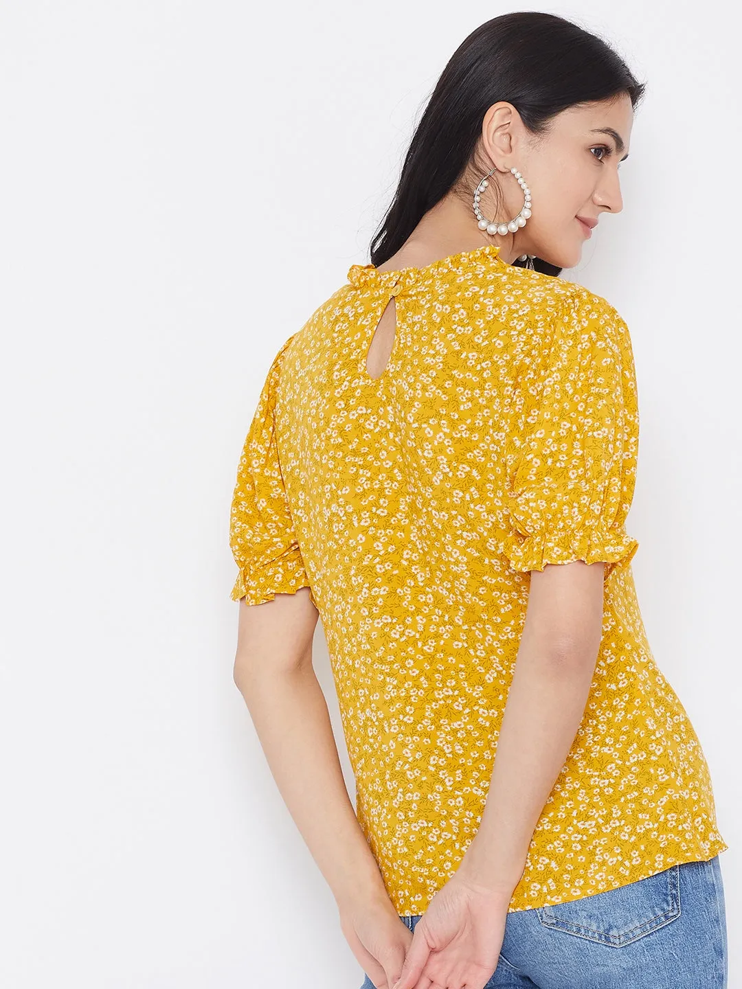 Berrylush Women Yellow Floral Printed Puff Sleeves Top