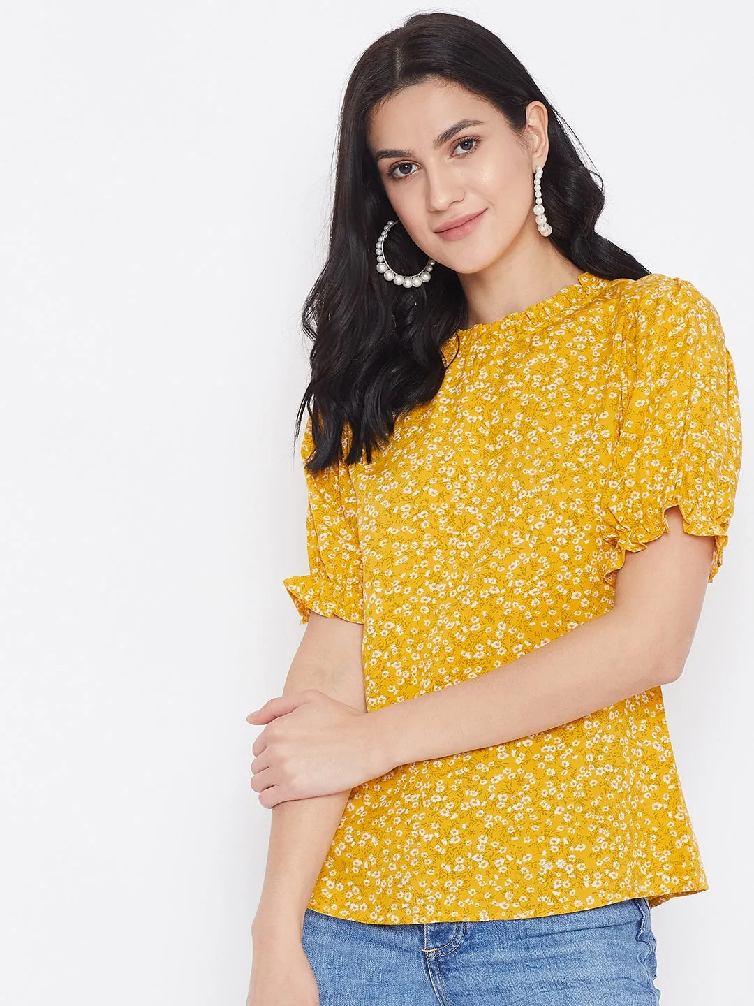 Berrylush Women Yellow Floral Printed Puff Sleeves Top