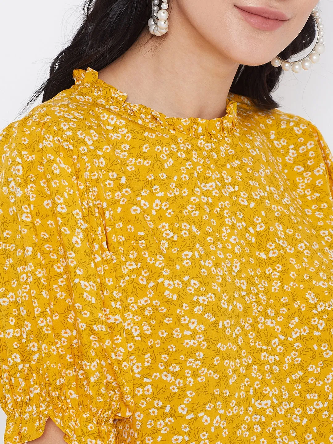 Berrylush Women Yellow Floral Printed Puff Sleeves Top