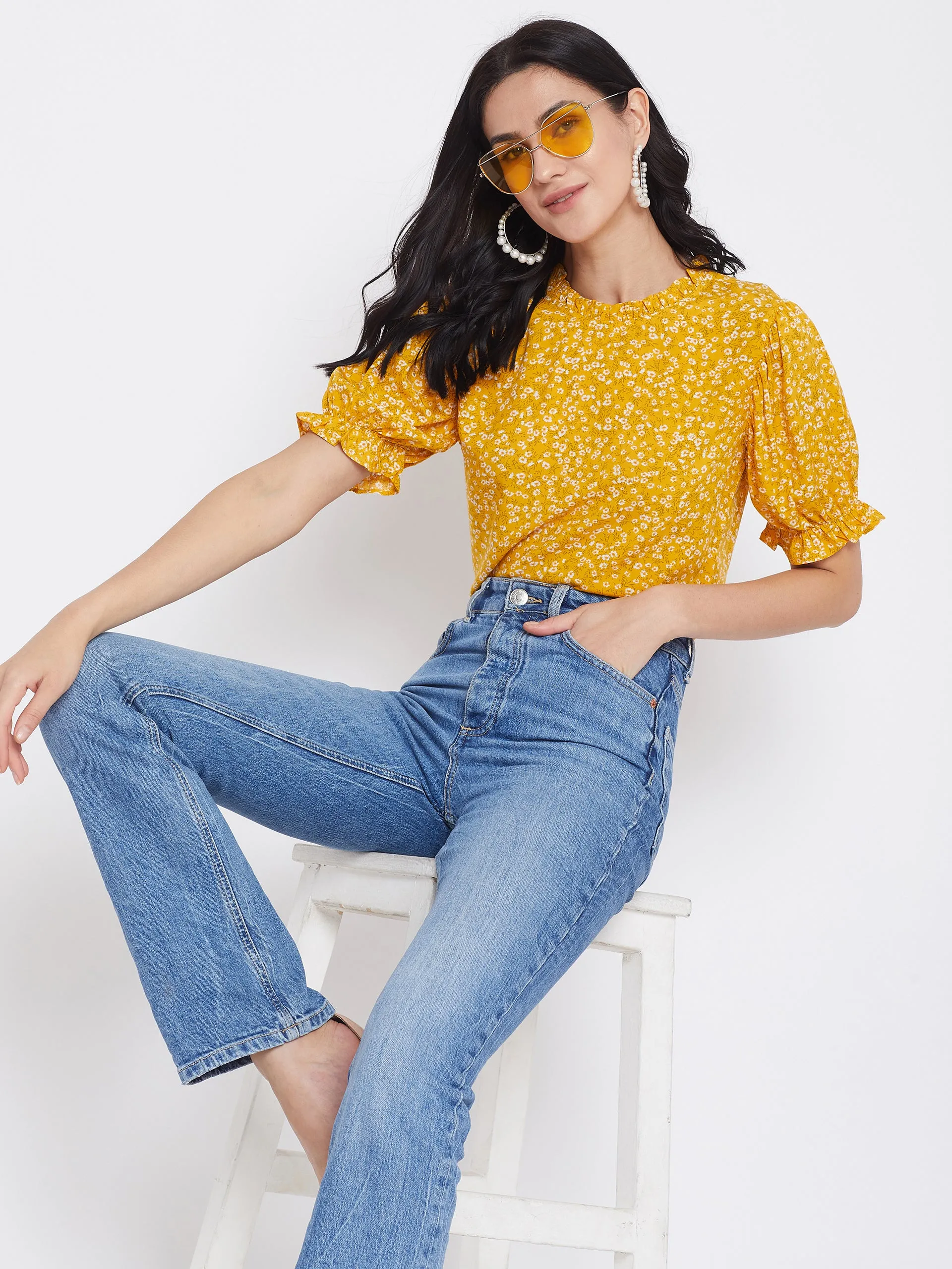 Berrylush Women Yellow Floral Printed Puff Sleeves Top