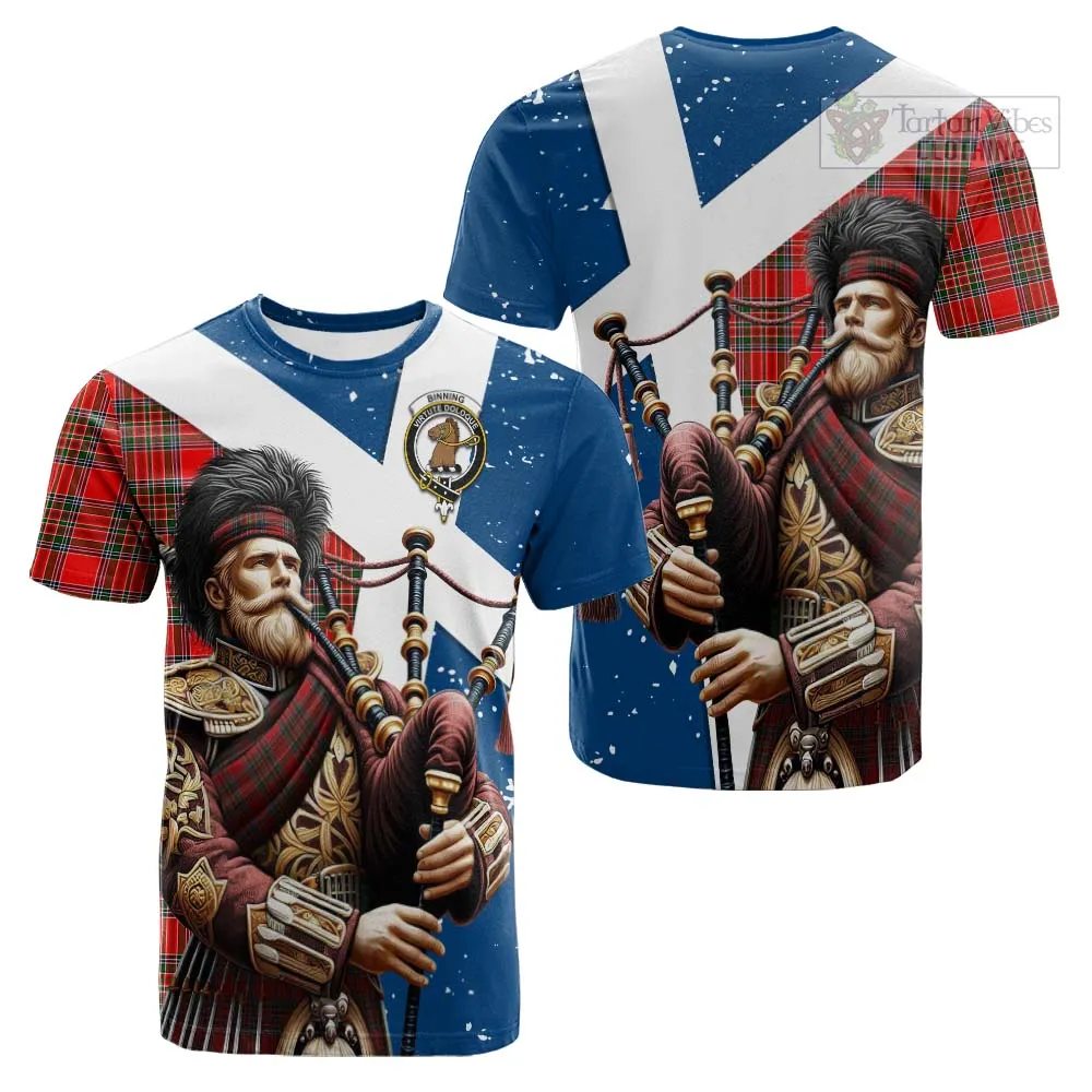 Binning Tartan Cotton T-shirt with Family Crest Scottish Bagpiper Vibes