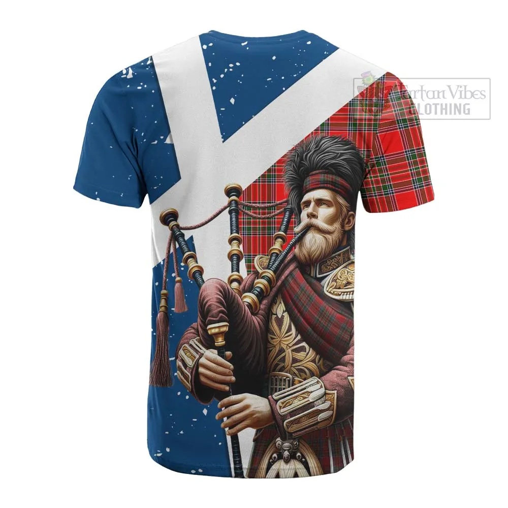 Binning Tartan Cotton T-shirt with Family Crest Scottish Bagpiper Vibes