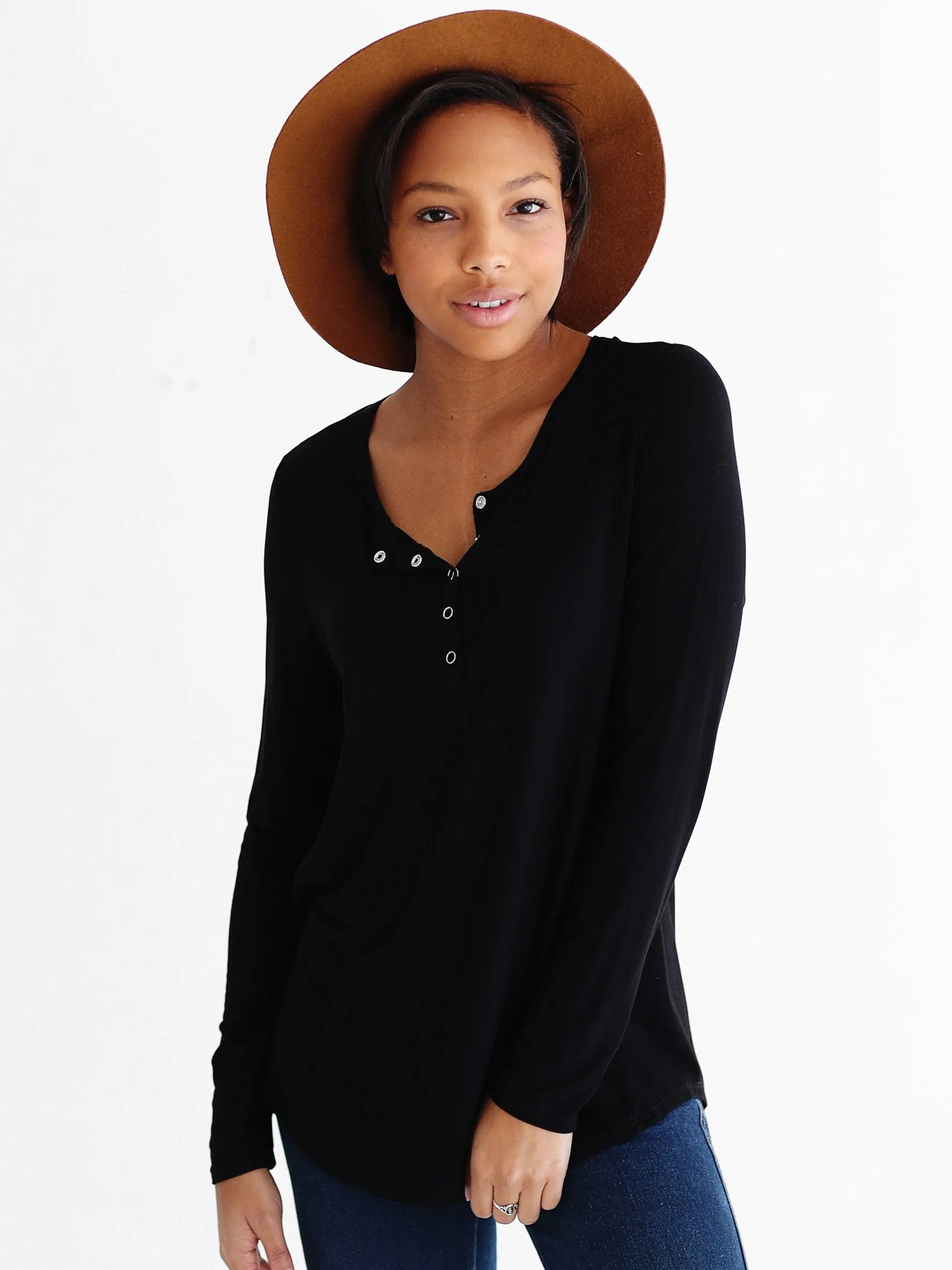 Black DLMN Long Sleeve Henley Top