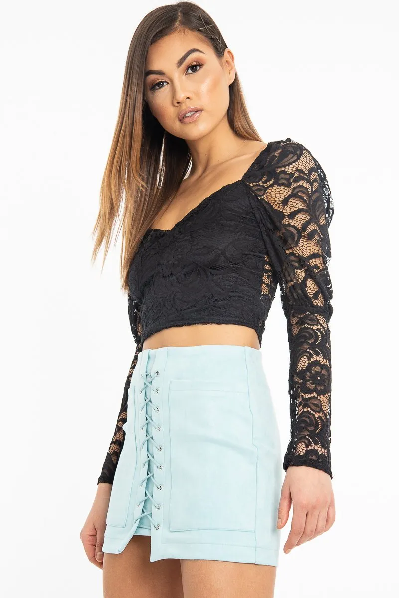 Black Lace Long Sleeve Puff Sleeve Crop Top - Gwynn