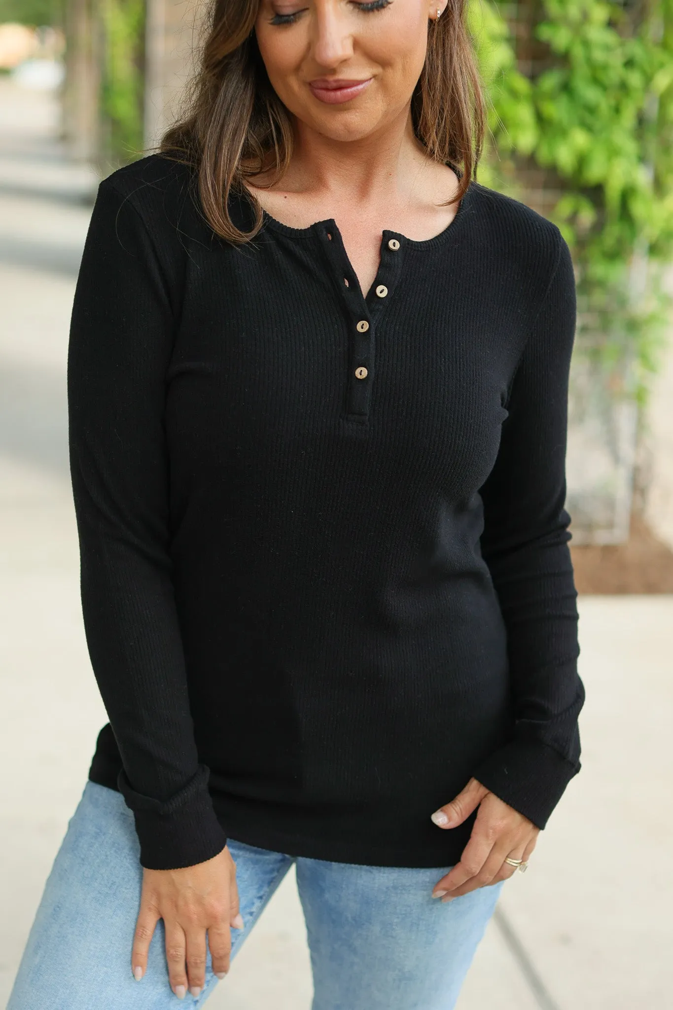 Brielle Henley Ribbed Long Sleeve - Black