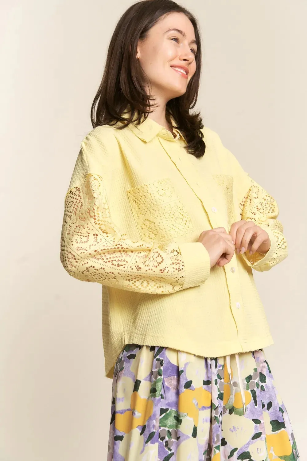 Button Down Lace Long Sleeve Waffle Shirt