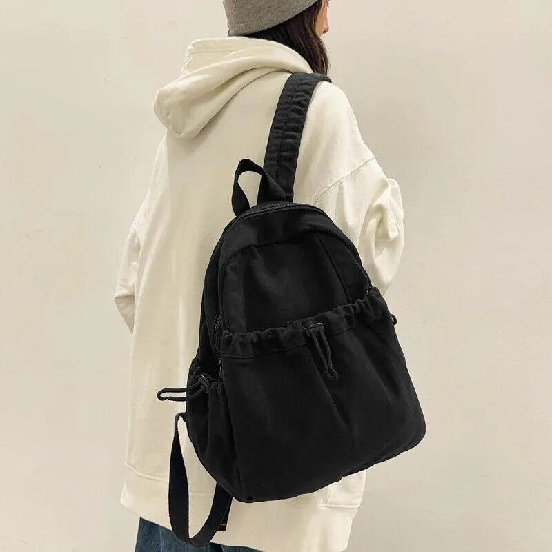 Canvas Backpacks Medium Zipper Drawstring Outer Pocket Casual Shoulder Bags