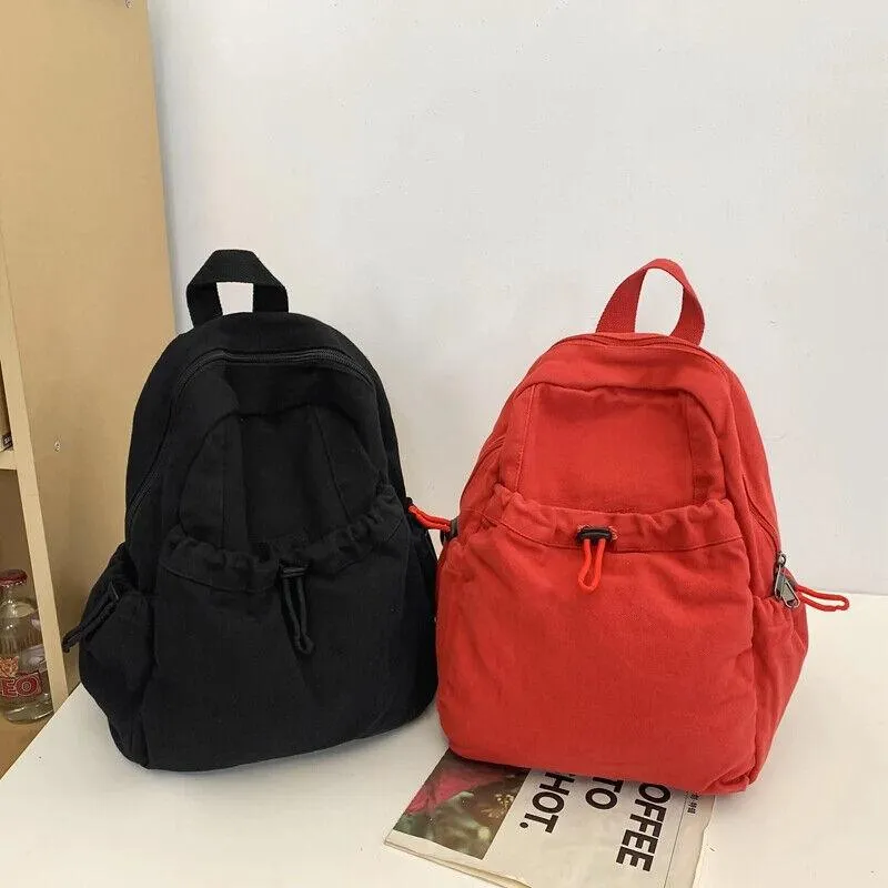 Canvas Backpacks Medium Zipper Drawstring Outer Pocket Casual Shoulder Bags