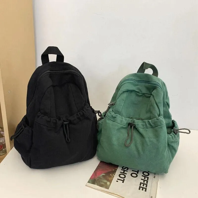 Canvas Backpacks Medium Zipper Drawstring Outer Pocket Casual Shoulder Bags