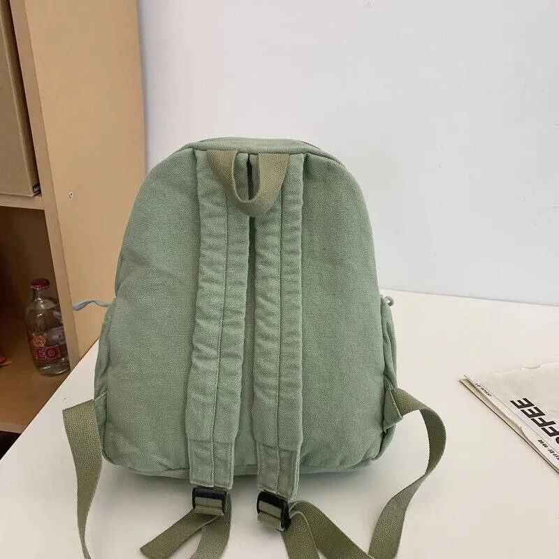 Canvas Backpacks Medium Zipper Drawstring Outer Pocket Casual Shoulder Bags