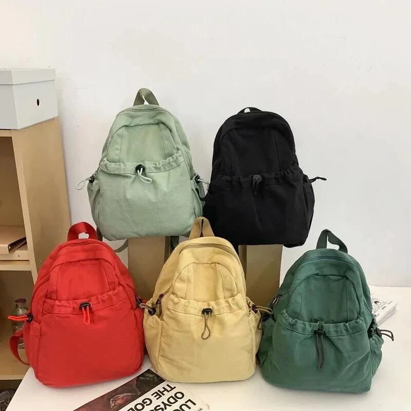 Canvas Backpacks Medium Zipper Drawstring Outer Pocket Casual Shoulder Bags