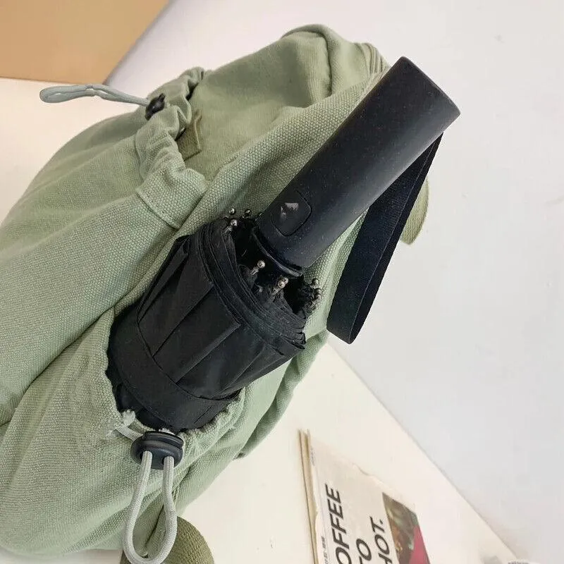 Canvas Backpacks Medium Zipper Drawstring Outer Pocket Casual Shoulder Bags