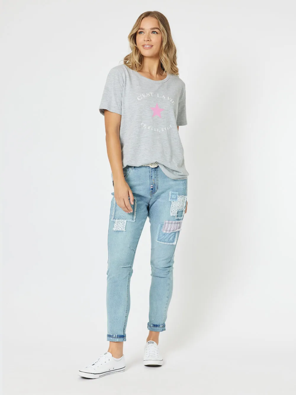 C'est La Vie Cotton T-shirt - Grey Marle