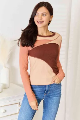 Color Block Exposed Seam Long Sleeve Top