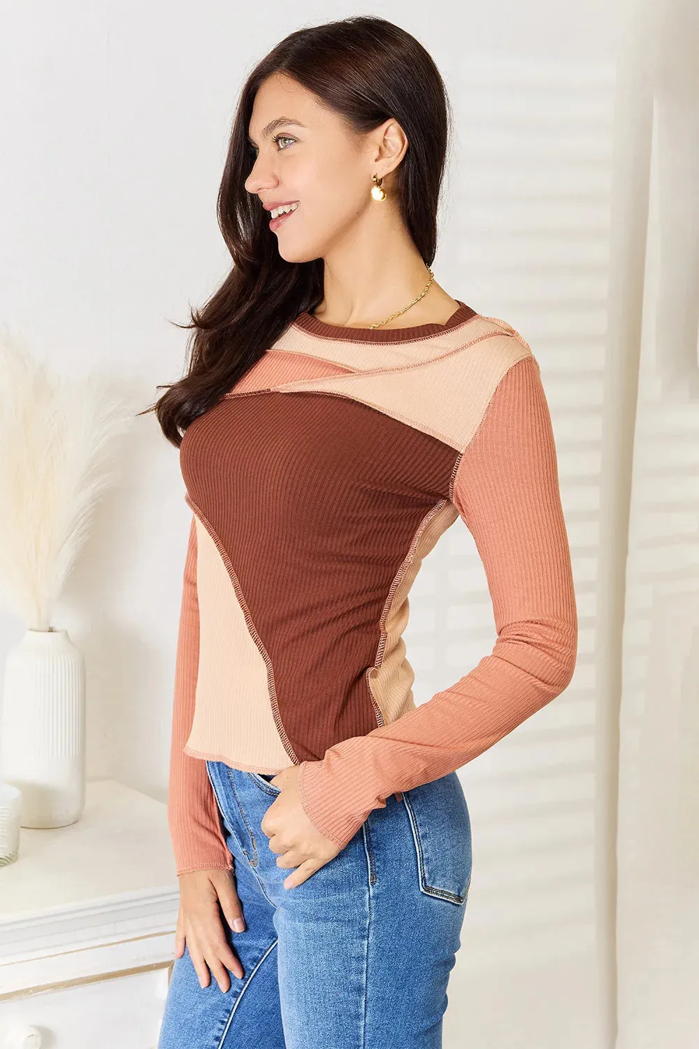 Color Block Exposed Seam Long Sleeve Top