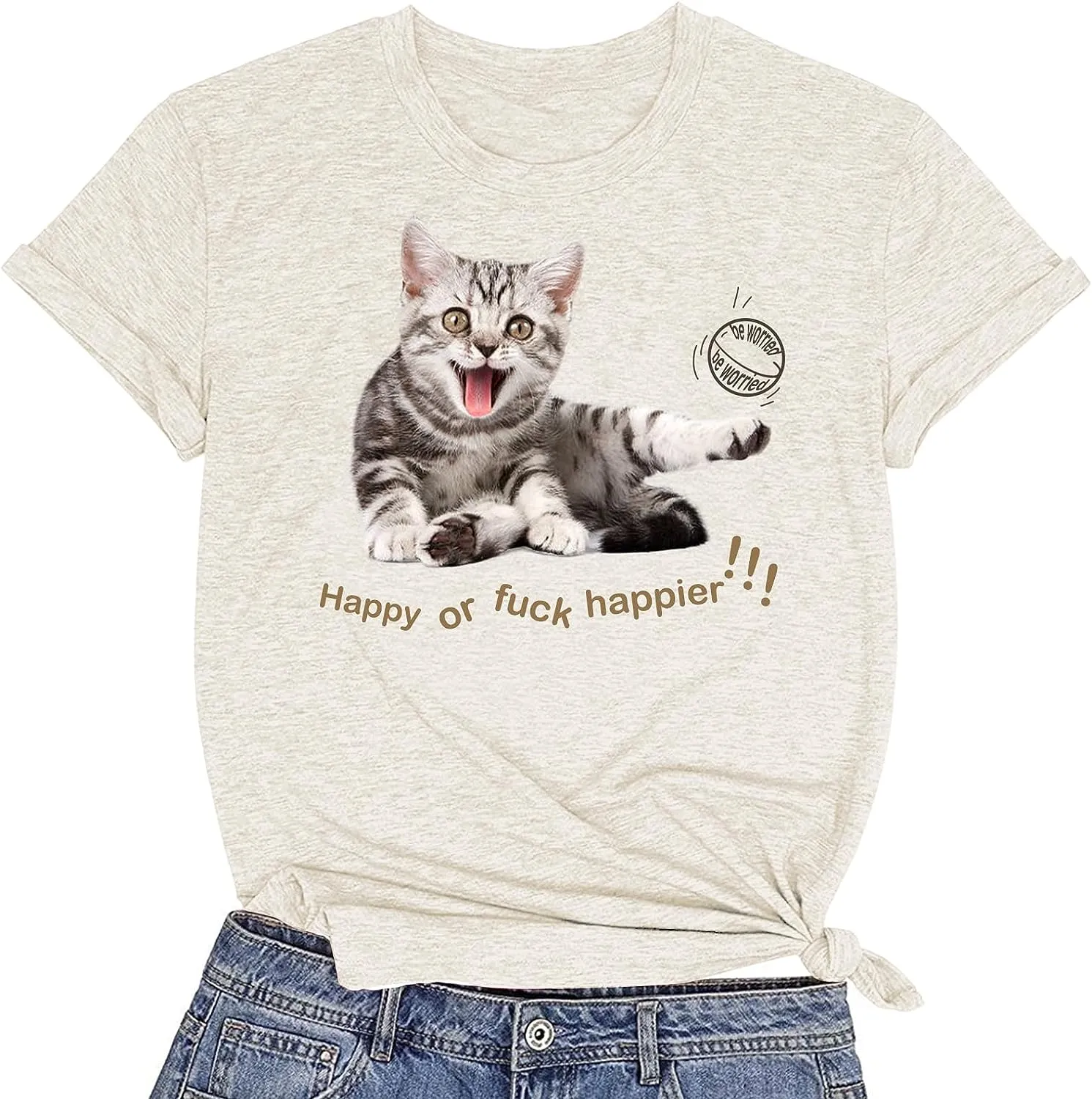 CORIRESHA Women's Happy Cat T-Shirt Crewneck Short Sleeve Summer Loose Cute Top