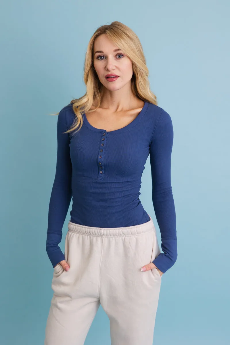 Cotton Long Sleeve Ribbed Henley Top with Buttons