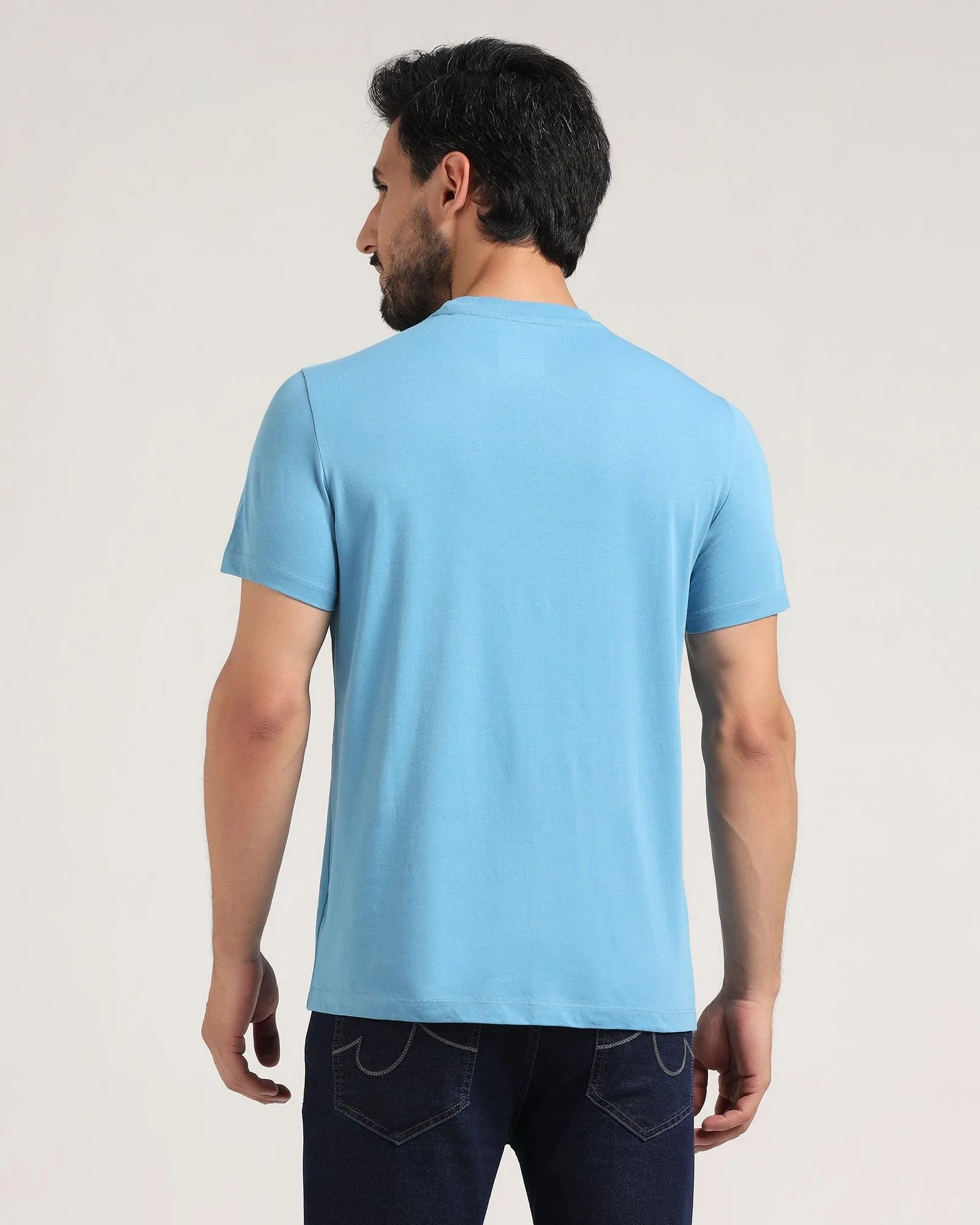 Crew Neck Blue Solid T-Shirt - Waffle