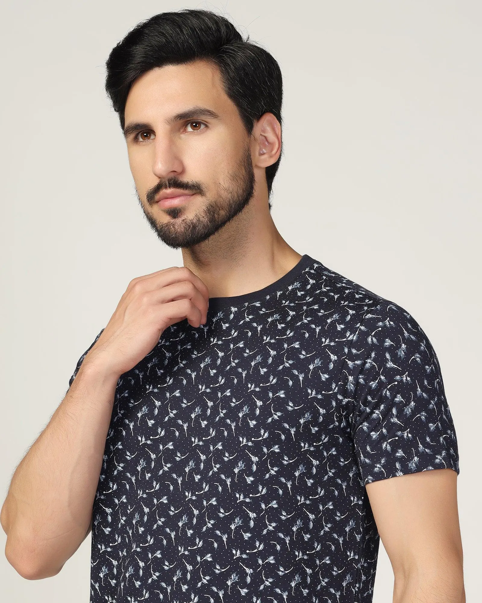 Crew Neck Navy Printed T-Shirt - Stella