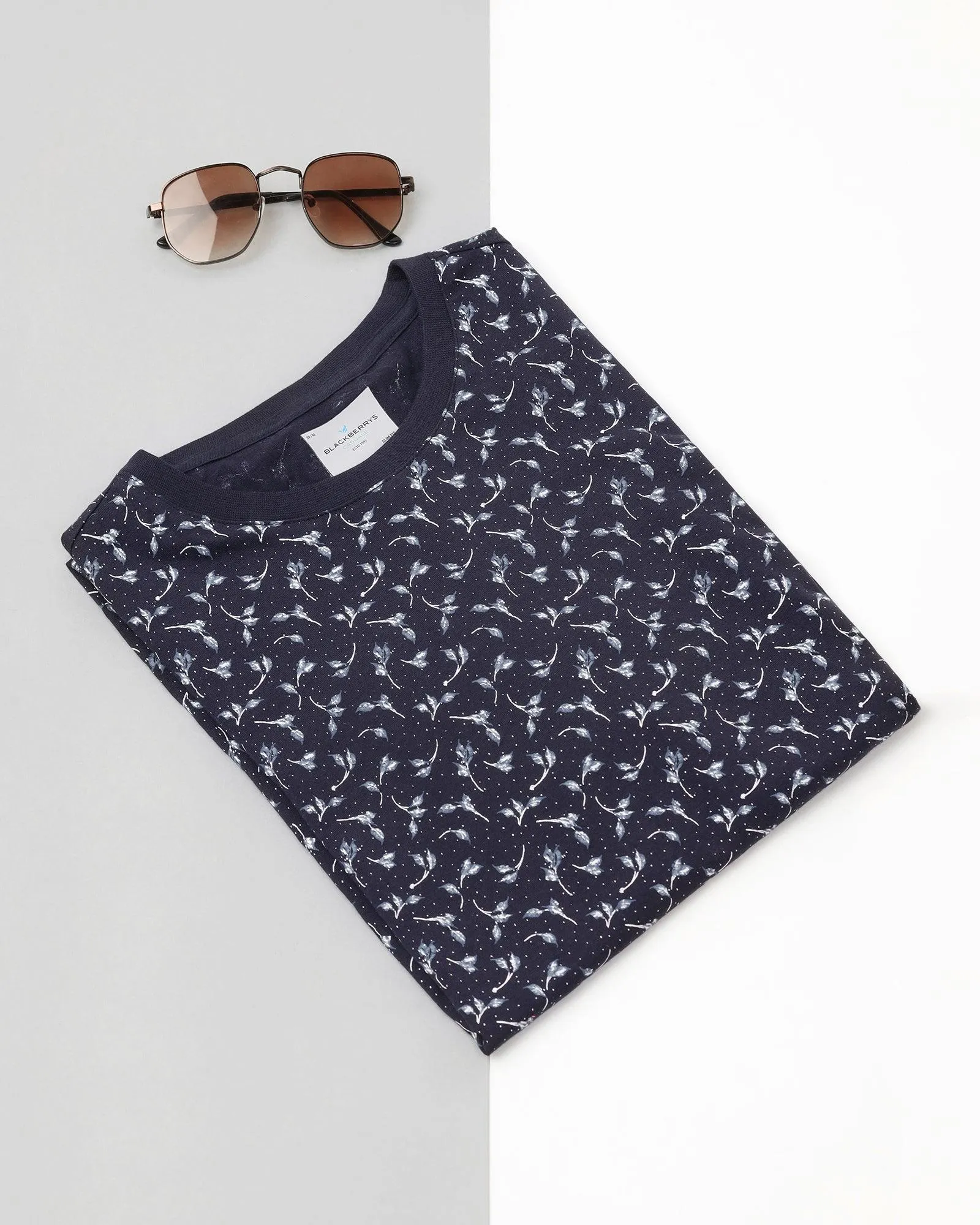 Crew Neck Navy Printed T-Shirt - Stella