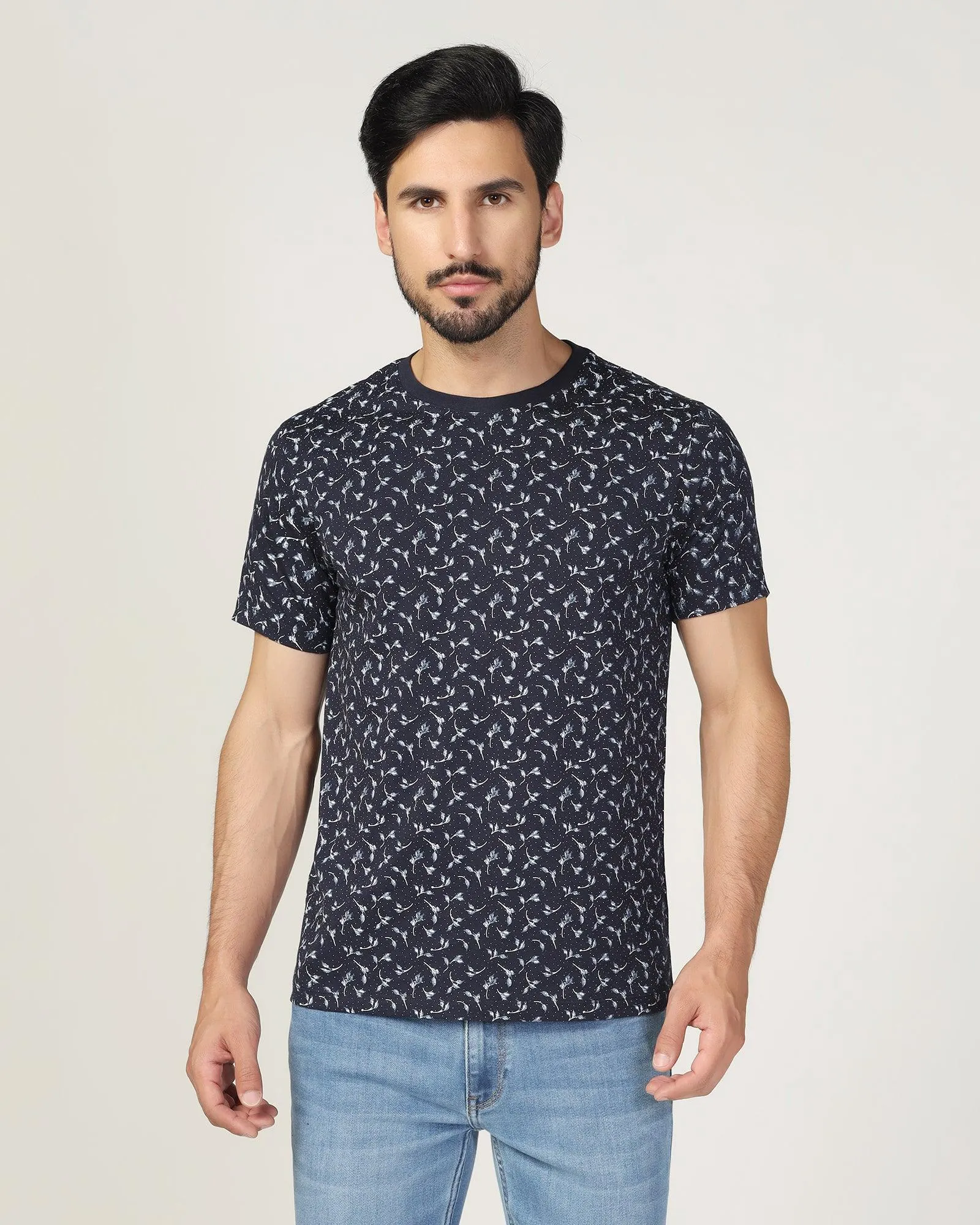 Crew Neck Navy Printed T-Shirt - Stella