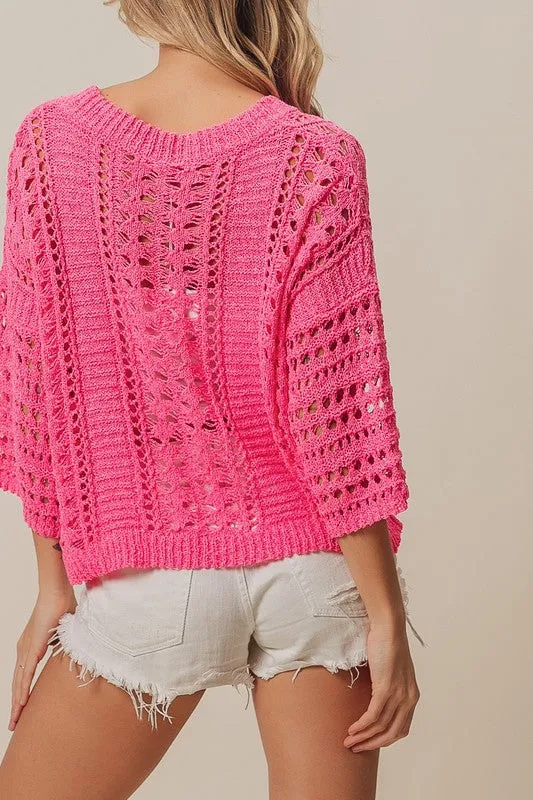 Crochet knit half sleeve round neck top