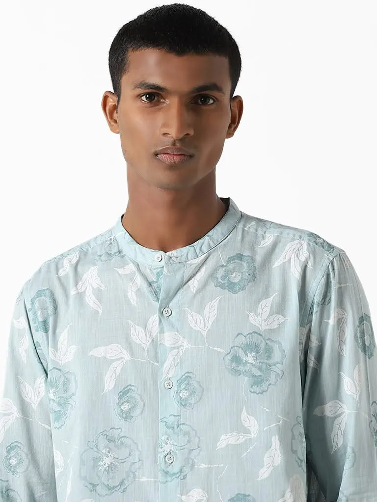 ETA Light Teal Printed Floral Resort-Fit Shirt