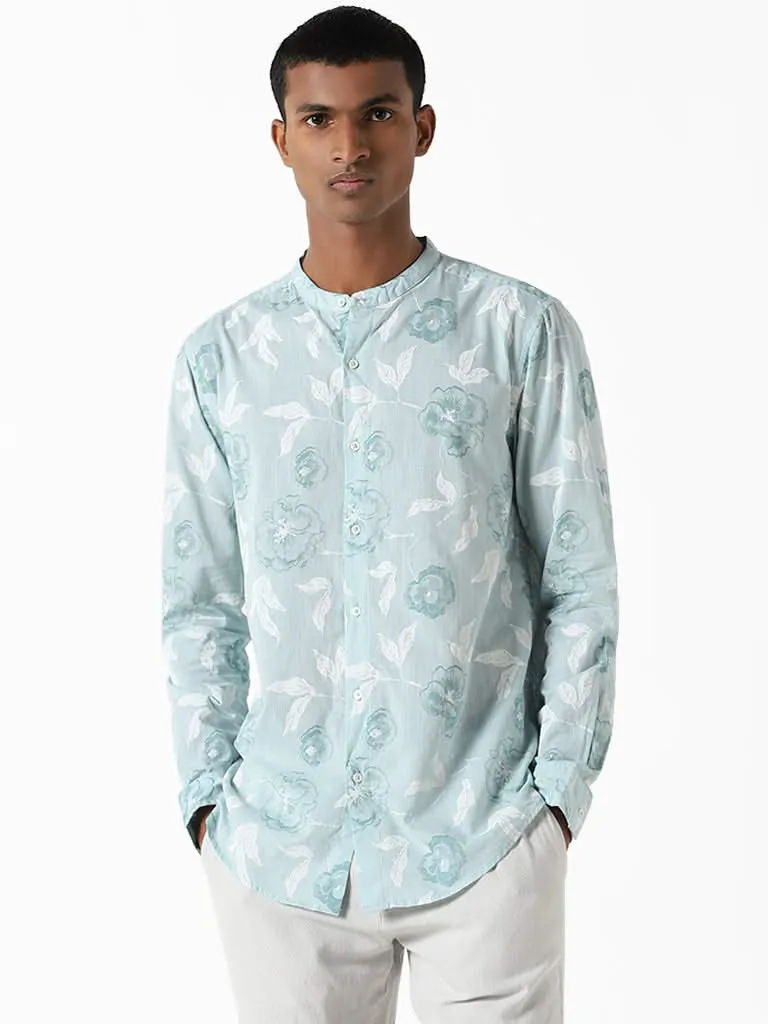 ETA Light Teal Printed Floral Resort-Fit Shirt