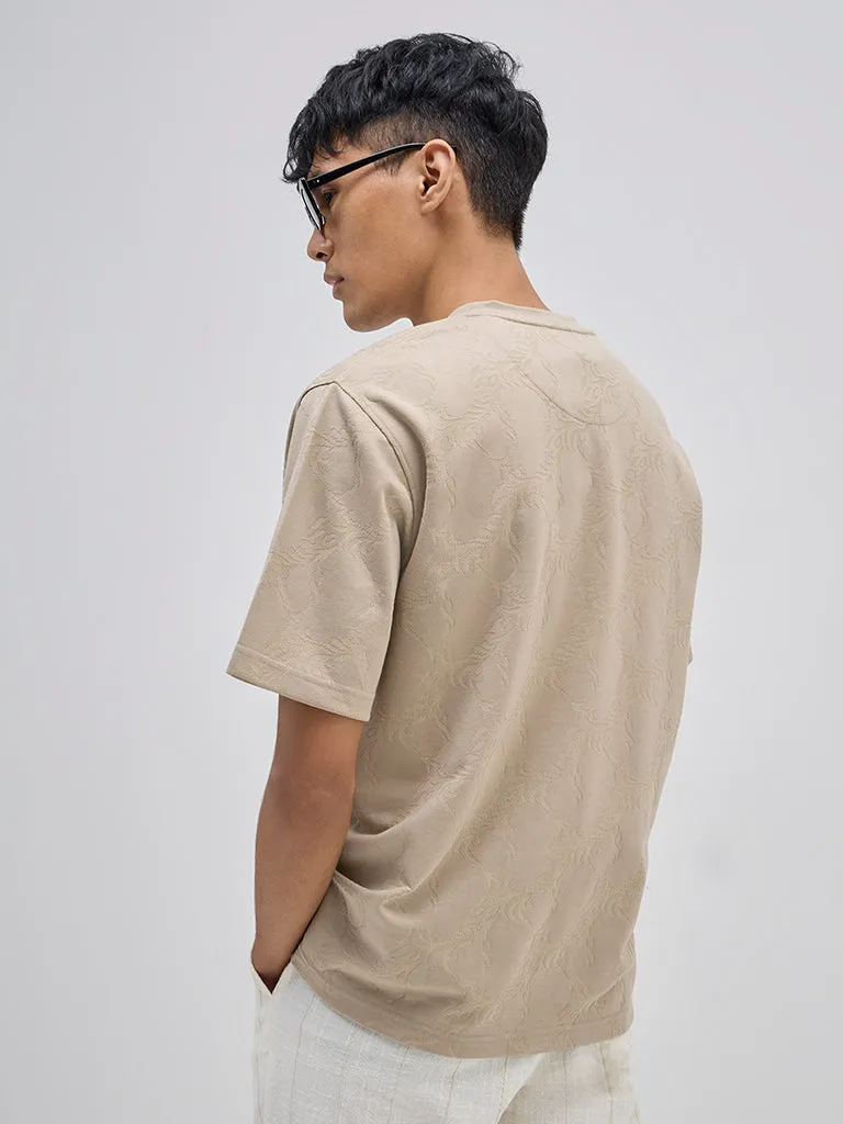 ETA Taupe Self-Patterned Relaxed-Fit Cotton T-Shirt