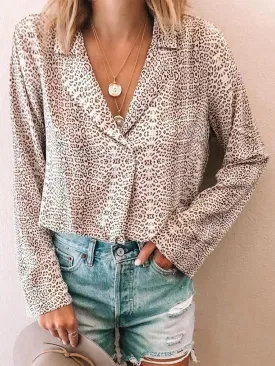 Fashionable Casual Loose Leopard Lapel Top