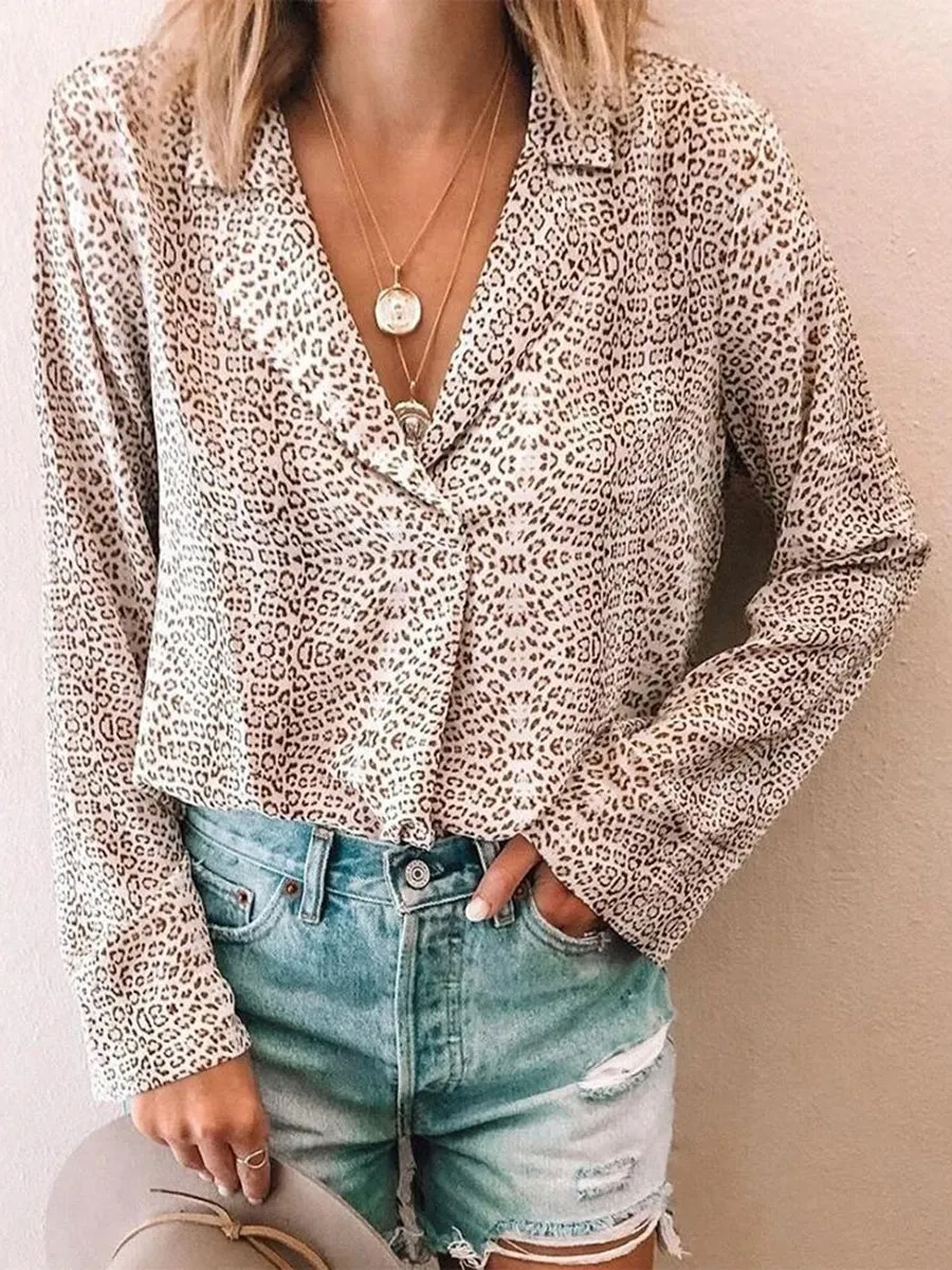 Fashionable Casual Loose Leopard Lapel Top