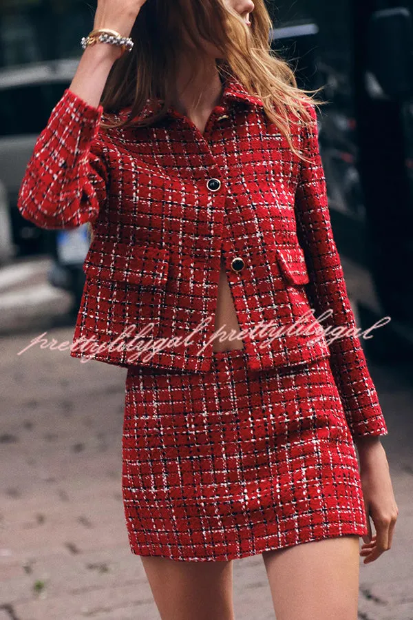 Fashionable Tweed Plaid Texture Casual Mini Skirt