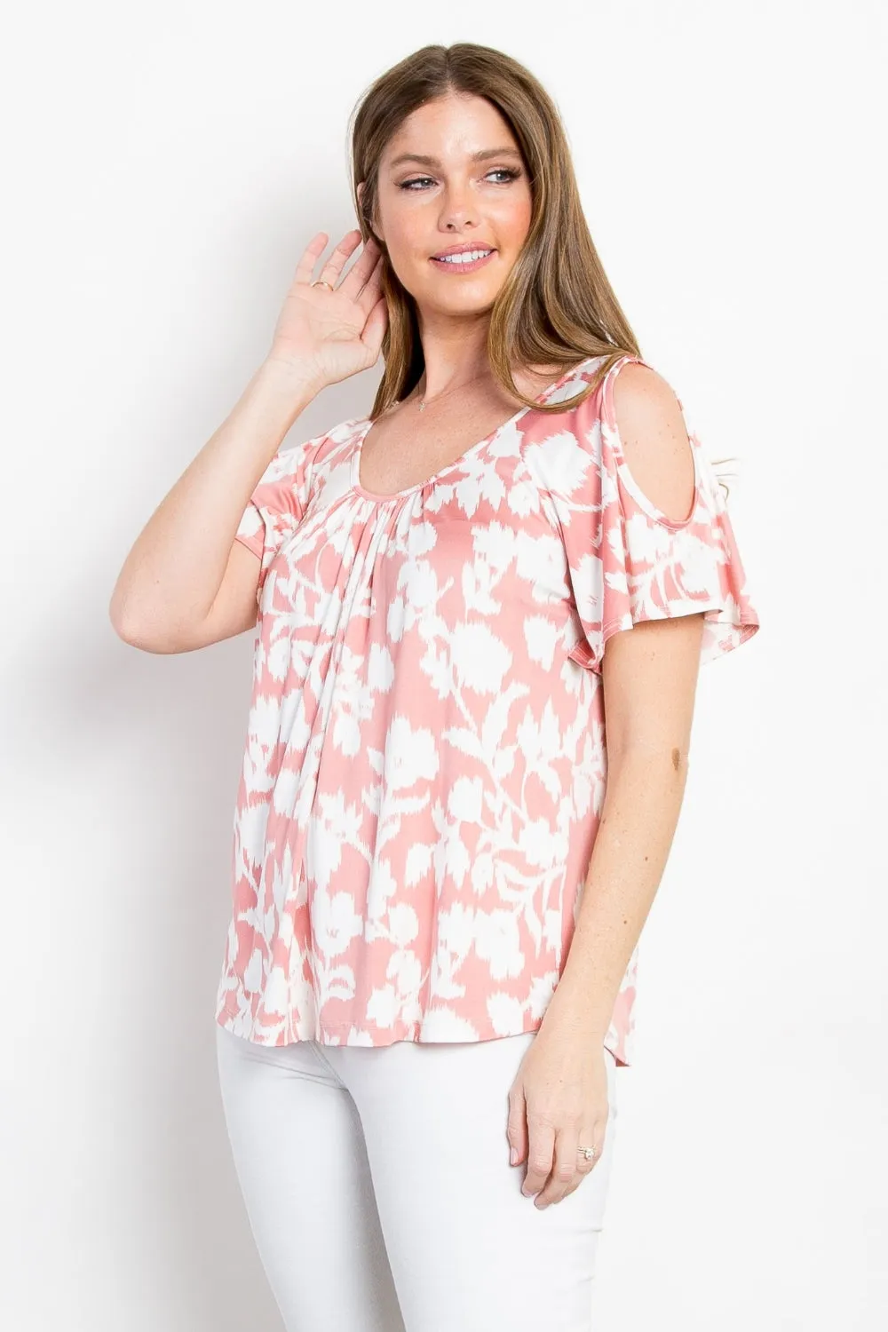 Full Size Floral Cold Shoulder Top