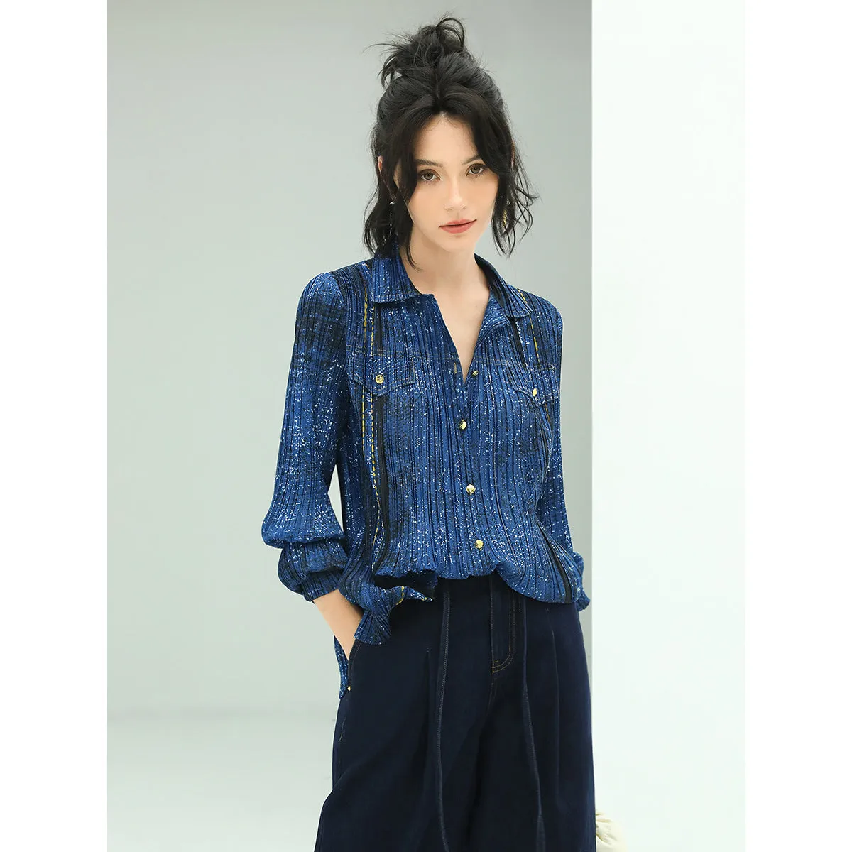 Galactic Shimmer Navy Pleated Long Sleeve Shirt