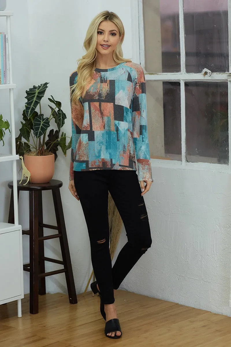 Geometric Print Open Back Long Sleeve Top