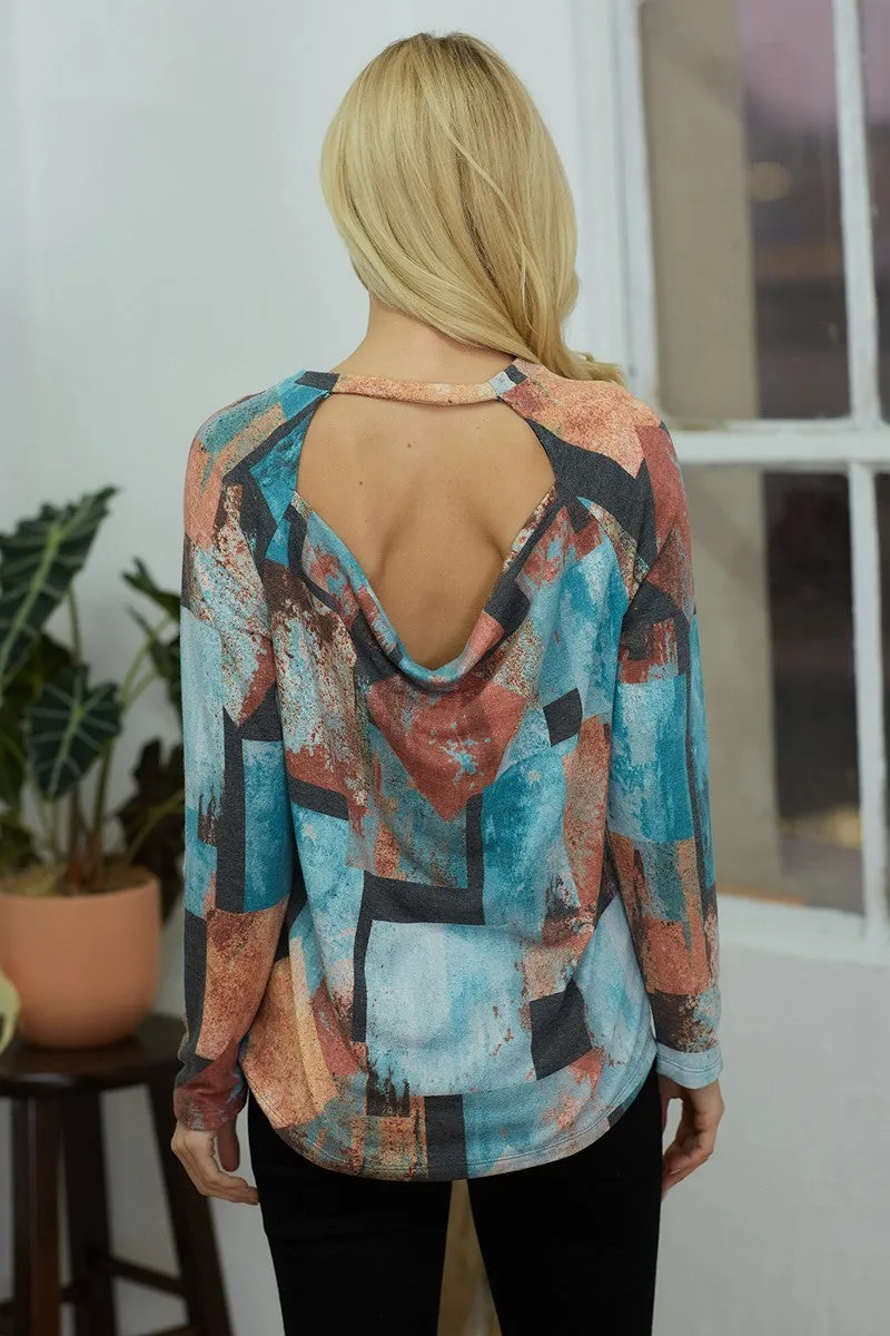 Geometric Print Open Back Long Sleeve Top