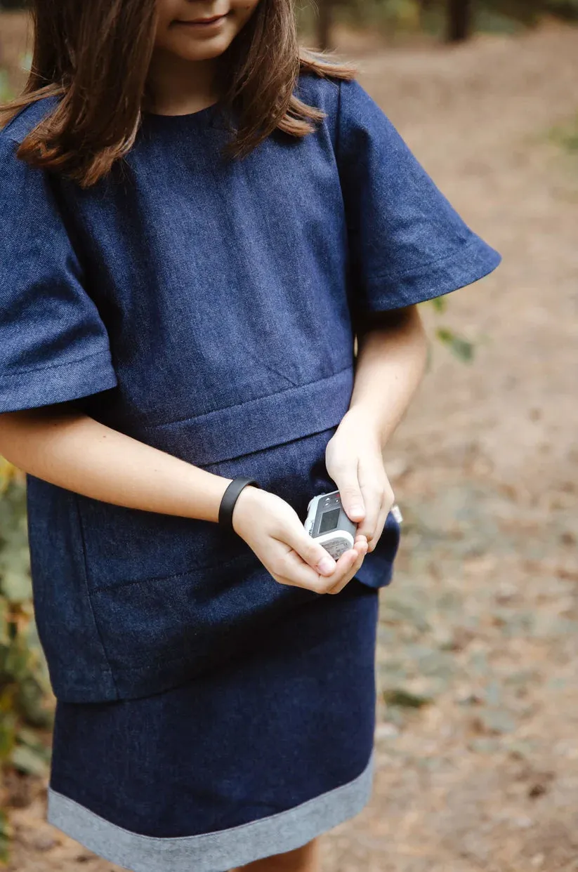 Girls' Blue Denim Top with T1D-Friendly Double-Sided Pocket - 100% Cotton, Half Sleeves